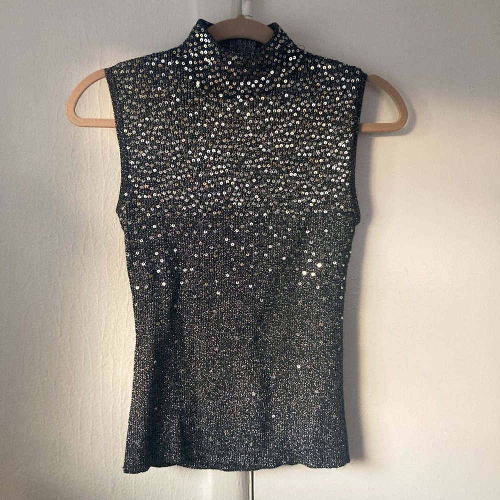 Black Metallic Sleeveless Knit Turtleneck with Silver + Gold Sequins - Worn Once